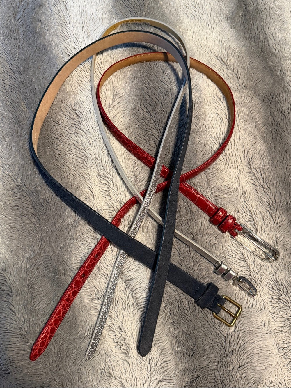 3 small leather belts - red, white, silver